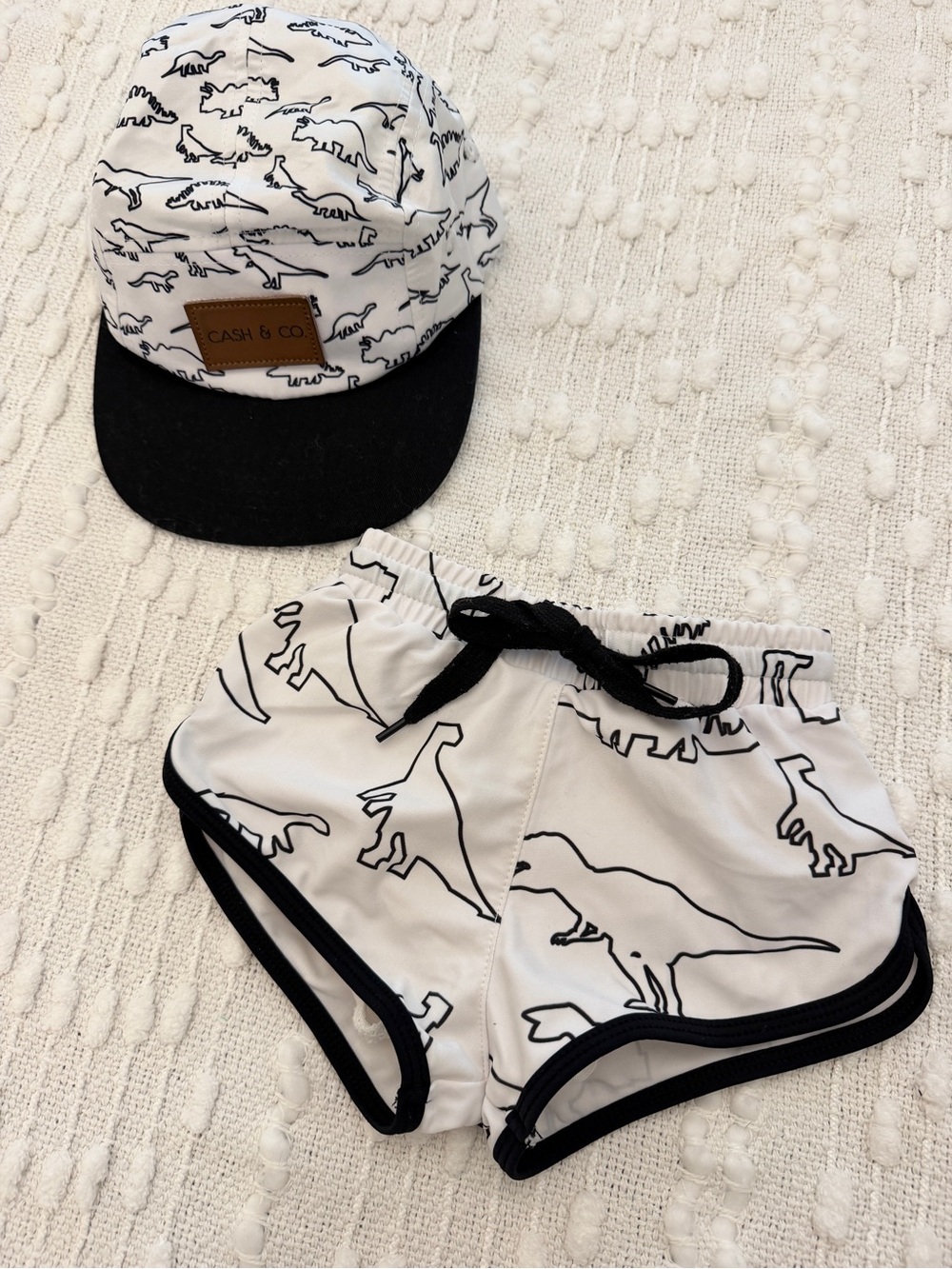 Cash & Co Dinosaur Swim Trunks with Black Trim - Matching Hat Included